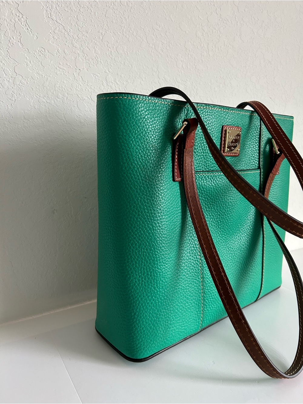 Dooney & Bourke Teal leather Tote bag with Tan Straps - Picture 8 of 10